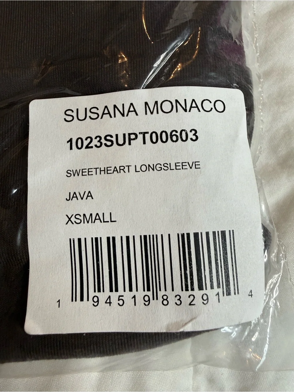 Susana Monaco Java Brown Sweetheart Neck Long Sleeve Stretch Top XS NWT Chic - Picture 5 of 9